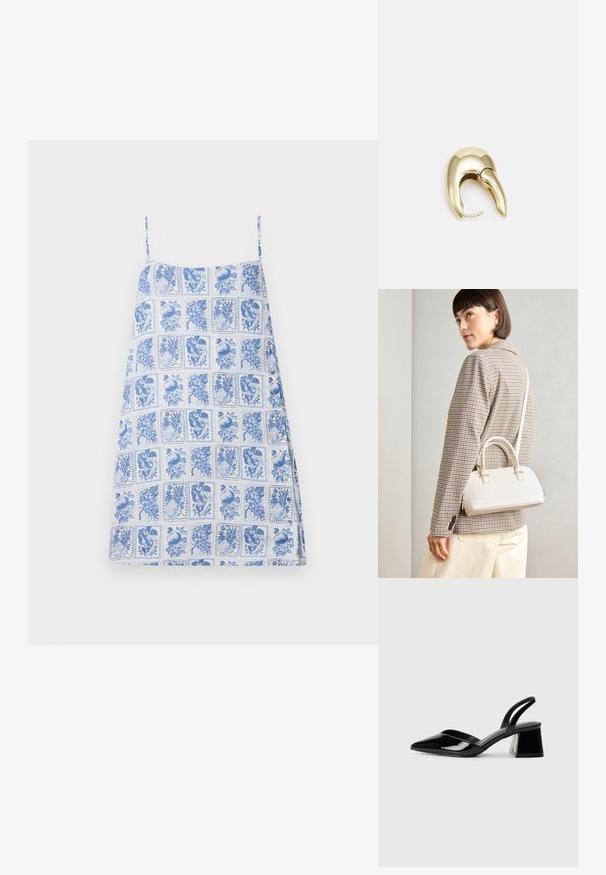 Zila un balta rakstaina kleita ar plāniem siksniņām; satur ziedu un augļu ilustrāciju režģi; viegla auduma, brīva piegriezuma.; Melna lakota āda ar atvērto papēdi, ar smailu purngalu un ģeometrisku blokpapēdi. Iezīmējas elegants, minimāls dizains un gluda tekstūra.; Balta strukturēta roku soma ar īsām rokturiem un plecu siksnu, ar zelta aparatūras akcentiem un strukturētu materiālu, izstādīta uz pelēka fona.; Zeltīti metāla auskari ar gludu, izliekta dizaina. Ar atšķirīgu smailu formu, pulētu virsmu un eņģu aizdari.