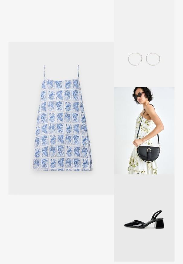 Robe à motifs bleus et blancs avec des fines bretelles ; présente un motif en grille d'illustrations florales et de fruits ; tissu léger, coupe ample.; Escarpins en cuir verni noir avec bout pointu et talon bloc géométrique. Présente un design élégant et minimaliste ainsi qu'une texture lisse.; Sac à main en cuir noir avec une forme courbée, bandoulière amovible et des accessoires en or. Le sac est doté d'un rabat avec un détail de boucle.; Boucles d'oreilles en argent avec un design rond et épuré, présentant une surface lisse et sans embellissements visibles. Diamètre non spécifié.