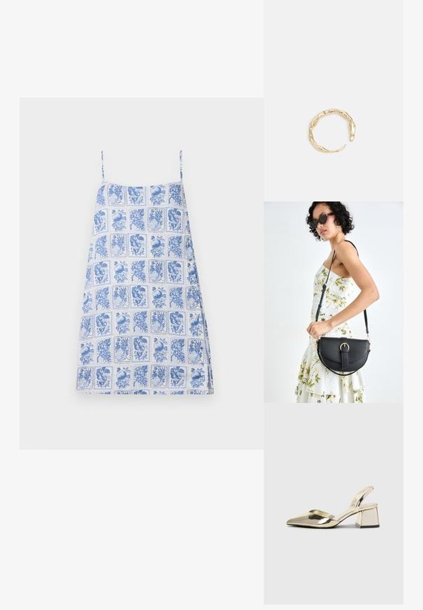 Robe à motifs bleus et blancs avec des fines bretelles ; présente un motif en grille d'illustrations florales et de fruits ; tissu léger, coupe ample.; Talons aiguilles dorés métalliques avec un bout pointu et un talon épais. Texture lisse, design minimaliste et une fine bride.; Sac à main en cuir noir avec une forme courbée, bandoulière amovible et des accessoires en or. Le sac est doté d'un rabat avec un détail de boucle.; Bague en or ornée d'un design organique et torsadé, avec une texture lisse et des extrémités effilées, créant une apparence moderne et sculpturale.