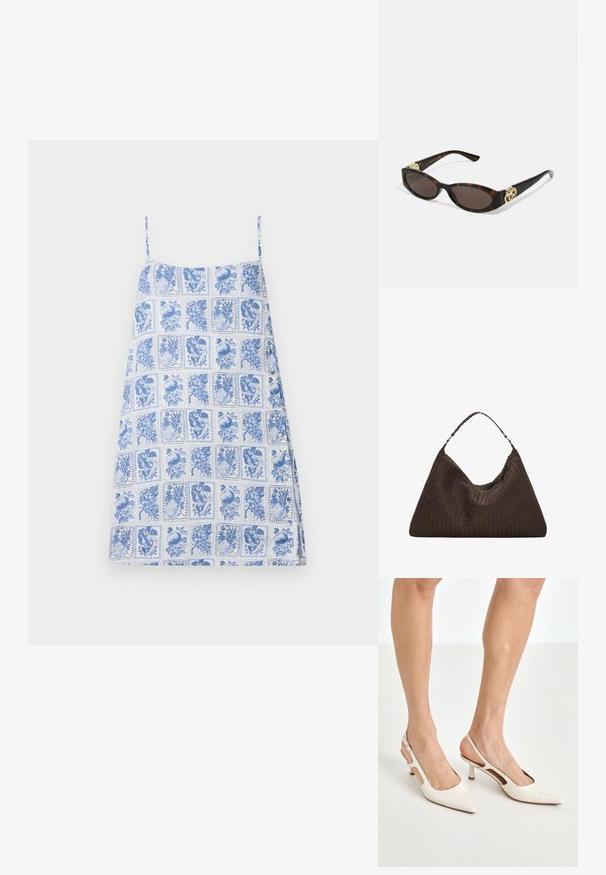 Abito blu e bianco con motivo a stampa; presenta una griglia di illustrazioni floreali e di frutta; tessuto leggero, vestibilità ampia.; Tacchi slingback in pelle lucida beige con punta affusolata e tacco di 5 cm, caratterizzati da lati traforati e una sottile fascia alla caviglia.; Occhiali da sole tartarugati con lenti ovali allungate, tonalità marrone, accenti dorati con logo sulle tempie e aste nere eleganti.; Borsa a tracolla in pelle intrecciata marrone con una forma triangolare morbida. Presenta una maniglia intrecciata e una chiusura con zip lungo la parte superiore.