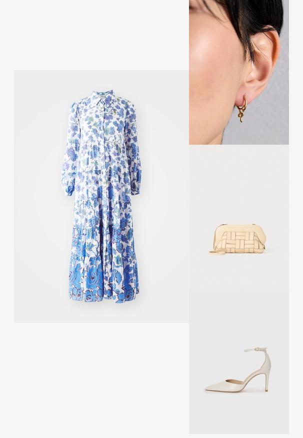 Šviesiai mėlynos ir baltos spalvos gėlių rašto maksi suknelė. Yra mygtukų užsegimas priekyje, ilgos pūsto apykaklės rankovės ir kelnių siuvinėjimas su įvairiais raštais.; Balti odiniai aukštakulniai batai su smailiu priekiniu galu, kulkšnies dirželiu ir siauru stiletu. Lygi tekstūra su subtiliu blizgiu paviršiumi.; Austintais bežinis rankinukas su struktūrizuotu dizainu, turintis lygią viršutinę dalį ir ilgas diržas. Tekstūruoti elementai pagerina bendrą išvaizdą.; Auksiniai metaliniai auskarai su organiniu, skystu dizainu, turintys tekstūrinius akcentus ir lygų paviršių, uždėti ant pradurtos ausies.