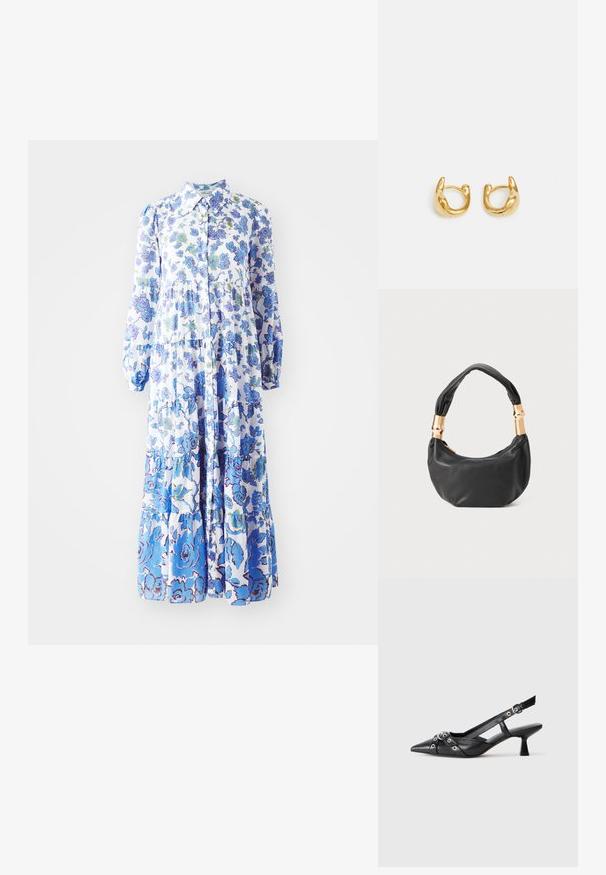 Sukienka maxi w kwiatowy print w jasnoniebieskim i białym kolorze. Posiada zapięcie na guziki z przodu, długie bufiaste rękawy oraz warstwowy dół z różnymi wzorami.; Czarne skórzane buty typu slingback z ostrym noskiem, ozdobnymi paskami z metalowymi oczkami oraz niskim klinowym obcasem. Teksturowana powierzchnia.; Czarna skórzana torebka o okrągłym kształcie, miękkiej fakturze i wiązanym uchwycie z akcentami w złotym odcieniu. Zamek błyskawiczny.; Złote kolczyki w kształcie hoop charakteryzujące się gładkim, zaokrąglonym wzornictwem z połyskliwym wykończeniem. Kolczyki mają kompaktowy, masywny kształt oraz bezszwowy zamek.