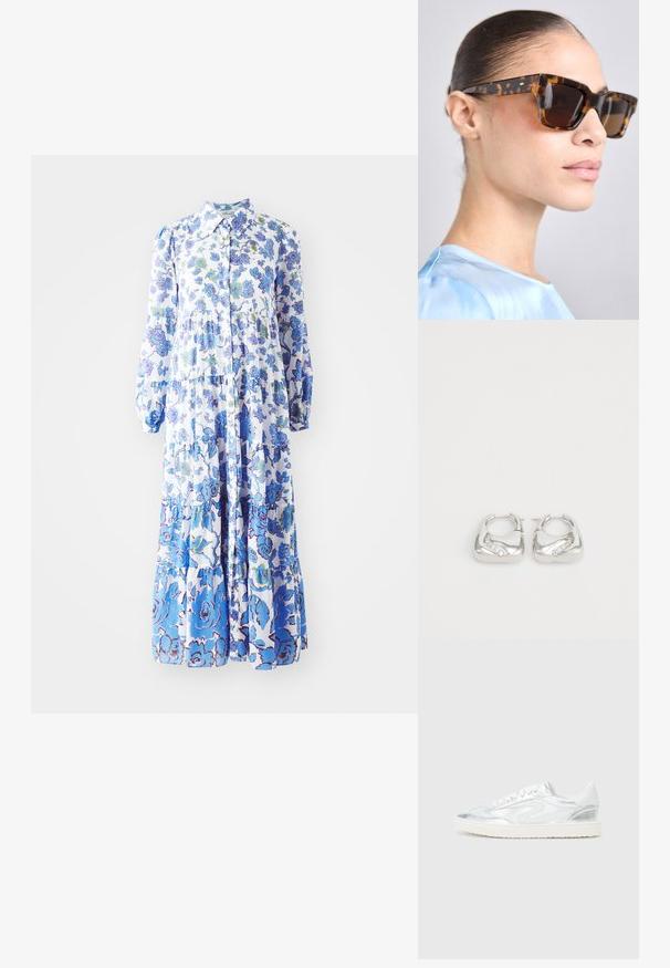 Virágmintás, világoskék és fehér maxiruha. Jellemzője a gombos elöl záródás, hosszú puffos ujjú kialakítás és a különböző mintázatokkal díszített szabdalt szegély.; Fehér sportcipők fényes ezüst díszítéssel, sima felülettel, kerek orral, lapos talppal és hagyományos fűzős kialakítással.; Tortakártyás napszemüveg vastag, téglalap alakú kerettel. Sötét lencsék és arany színű díszítések a szárakon. Simító, fényes felület.; Ezüst karika fülbevalók sima, lekerekített kialakítással és hullámos díszítéssel, kis, áttetsző strasszokkal az egyik élen.