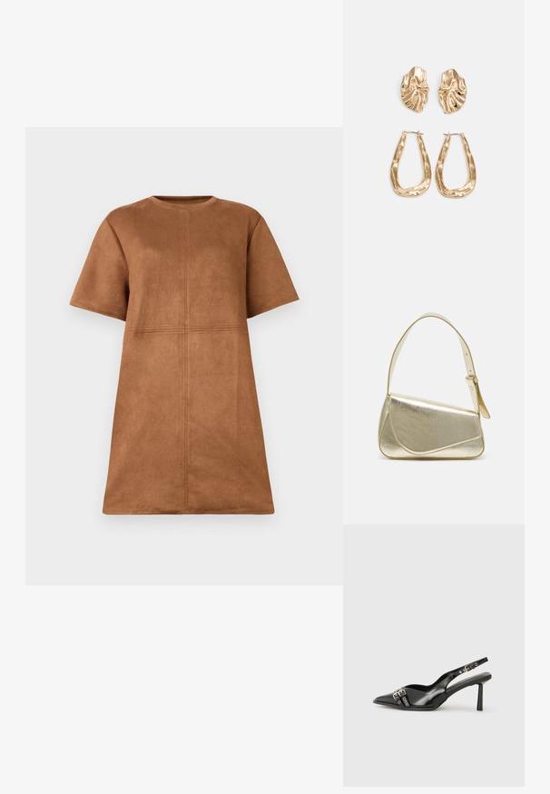 Rjav nubuk kratek rokav obleko s okroglim izrezom ter navpičnimi in vodoravnimi šivi na sprednji strani.; Črne patentne usnjene sandale s koničastim nosom, zankami okoli gležnja s srebrnimi sponkami in opremo ter vitkimi petami.; Zlata metalna torbica z urejenim dizajnom, gladko teksturo in nastavljivim trakom. Ima edinstveno trikotno obliko in minimalistično šivanje.; Zlato obarvani uhani z teksturiranimi, valovitimi oblikami. Vključujejo skulpturalne sponke za ušesa in odprto obliko obročka s kladivastim finišem.