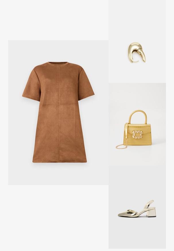 Brahma zamšs īsām piedurknēm kleita ar apaļu kakla izmēru un vertikālām un horizontālām šuvēm priekšpusē.; Zeltaini, metāla kurpes ar siksniņām, norakans purngalis un masīla papēdis. Gluda tekstūra, minimālisma dizains un šaura siksna.; Dzeltena mākslīgā krokodila roku soma ar strukturētu dizainu, augšējo rokturi, noņemamu ķēdes siksniņu un dekoratīvām kristāla rotājumiem aizdares daļā.; Zeltīti metāla auskari ar gludu, izliekta dizaina. Ar atšķirīgu smailu formu, pulētu virsmu un eņģu aizdari.