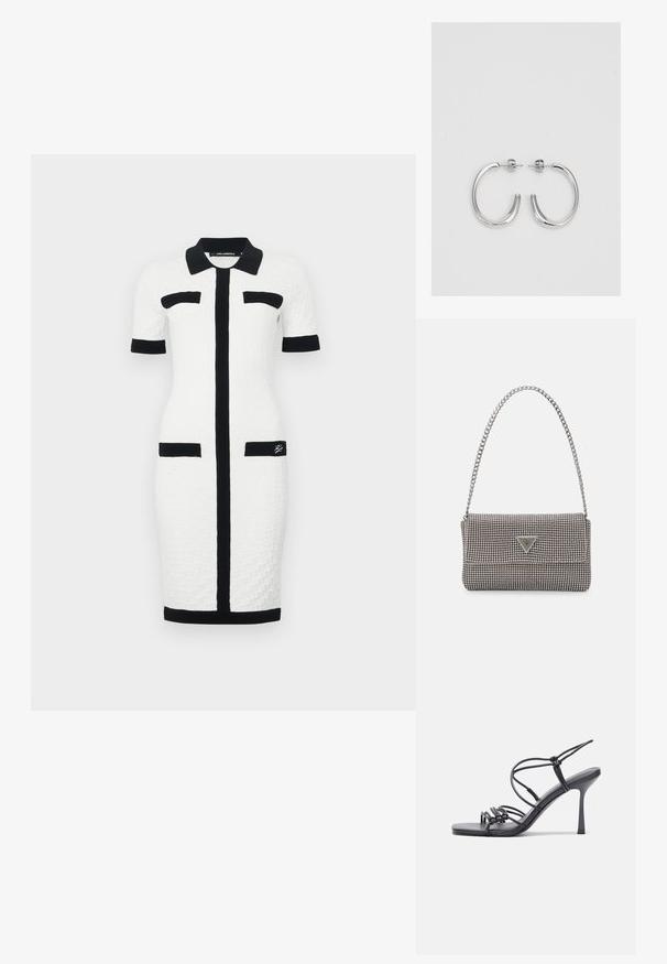 Balta kleita ar teksturētu rakstu, īsām piedurknēm, melnu apkakli un akcentiem, priekšējo rāvējslēdzēju un divām melnām kabatām priekšā.; Melnas augstpapēžu sandales ar plāniem siksniņām un mezgla dizainu, gluda kvadrātveida purngalu un elegantu stiletto papēdi.; Gaiši pelēka metāla rokassoma ar ķēdes siksnu, rotāta ar mazām apaļām metāla kniedēm un trīsstūra zīmola logo.; Sudraba riņķveida auskari ar gludu, spīdīgu apdari. Apaļas formas, viegla dizaina, ar aizdari uz stieples.