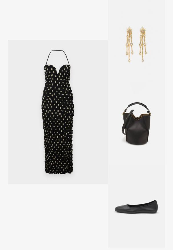 Nanushka HAYLEN - Îmbrăcăminte de ocazie - polka; Balerini din piele neagră, cu vârf rotund, textură netedă, detalii de cusătură minimale și un design al tălpii flexibil.; Geantă din piele neagră în stil bucket, cu un finisaj texturat, accente din metal auriu și un compartiment deschis. Dispune de o mânere scurtă și un curea de umăr ajustabilă.; Cercei aurii cu multiple lanțuri suspendate, având accente din rhinestone ovale clare și capete decorative cu tighel.