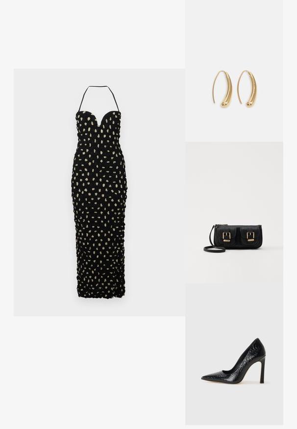 Nanushka HAYLEN - Iltapuku - polka; Musta kapea nilkkakorkokenkä krokotiilin nahkakuviolla, joka on varustettu tyylikkäällä muotoilulla, korkealla stiletto-korkealla ja sileällä mustalla sisäosalla.; Musta nahkainen olkalaukku, jossa on kaksi etutaskua, kultaiset soljet, vetoketjukiinnitys ja kapea hihna. Teksturoidun pinnan ja kompaktin suorakaiteen muoto.; Korvakorut kultasävytteistä metallista, joissa on kaareva, pitkänomainen muoto. Ominaisuuksiin kuuluu sileä, kiiltävä pinta ja pyöreä kärki lisäyksinä.