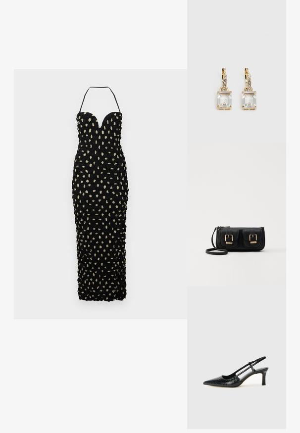 Nanushka HAYLEN - Pidulikud riided - polka; Mustmust paelad, millel on terav varvas, tekstuuriga maduprindiga, reguleeritav rihm ja lühike tekstuuriga plokknina.; Must küllastamata nahast õlakott, millel on kaks esist nähtavat taskut, kuldsed pandlad, tõmblukuga sulgemine ja peen rihm. Tekstuuriga pind ja kompaktne ristkülikukujuline kuju.; Kuldtooni kõrvarõngad, millel on ristkülikukujuline, selge kristall, mis ripub allapoole väikeste ümmarguste selgete aktsentide rida. Viimistletud, kaasaegne disain.