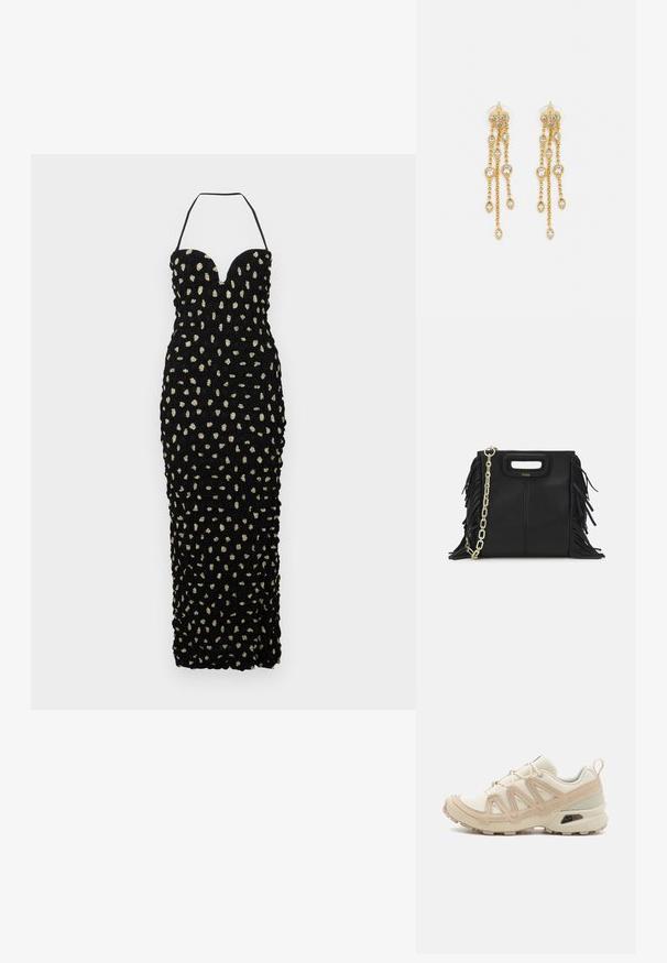 Nanushka HAYLEN - Ένδυση για ειδικές περιστάσεις - polka; Μπεζ και κρεμ αθλητικό παπούτσι με υφασμάτινη άνω επιφάνεια με υφή, υποστηρικτικά overlay και καουτσούκ σόλα με σχέδιο πέλματος για πρόσφυση.; Μαύρη δερμάτινη τσάντα με λεπτομέρειες φούντας, χρυσή αλυσίδα στον ώμο και κομμένο χερούλι. Διαθέτει τοποθέτηση λογότυπου στην πρόσοψη.; Χρυσές σκουλαρίκια με πολλαπλές καταρρακτώδεις αλυσίδες, διακοσμημένα με διαφανείς ωοειδείς ρινοστάτες και διακοσμητικές βάσεις.