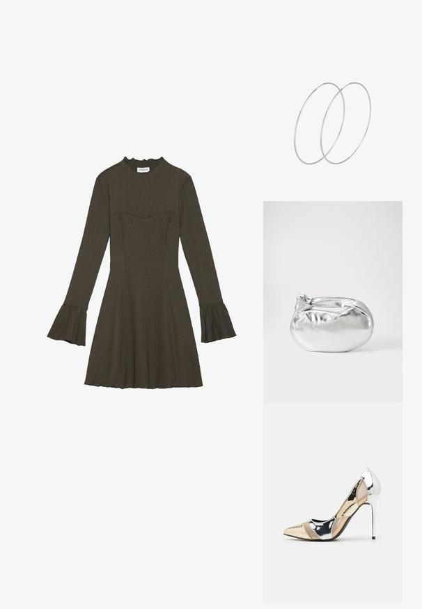 Sukienka z długim rękawem w oliwkowym kolorze, z dopasowanym gorsetem, rozkloszowanymi rękawami oraz falbaniastym dekoltem. Tkanina o strukturze z lekko rozkloszowanym dołem.; Czółenka na wysokim obcasie z wąskim noskiem w kolorze srebrnym, złotym i nude. Lśniące wykończenie z wycięciami, z obcasem w stylu stiletto.; Srebrna metaliczna torba worek o miękkim, zaokrąglonym kształcie i zawiązywanym z góry zapięciem. Wykonana z gładkiego materiału imitującego skórę.; Srebrne kolczyki w formie obręczy o minimalistycznym designie. Okrągły kształt, gładka faktura i cienki profil. Lekkie, z polerowanym wykończeniem.