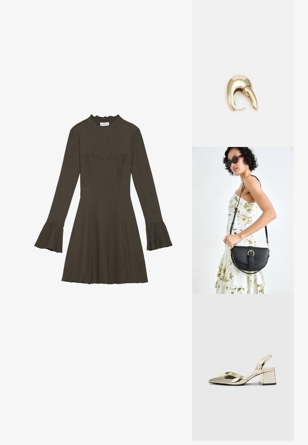 Robe à manches longues, vert olive, avec un corsage cintré, des manches évasées et un col froncé. Tissu texturé avec une jupe légèrement évasée.; Talons aiguilles dorés métalliques avec un bout pointu et un talon épais. Texture lisse, design minimaliste et une fine bride.; Sac à main en cuir noir avec une forme courbée, bandoulière amovible et des accessoires en or. Le sac est doté d'un rabat avec un détail de boucle.; Boucle d'oreille en métal doré avec un design élégant et courbé. Présente une forme conique distinctive, une surface polie et une fermeture à charnière.