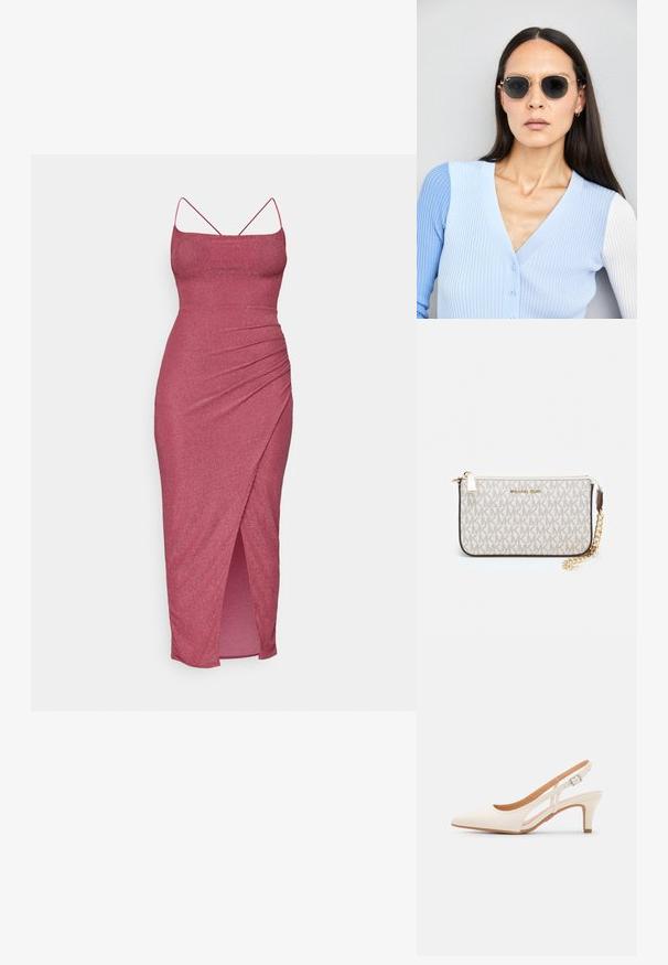 Prisita rožinė midi suknelė su plonais spaghetti diržais, pagaminta iš blizgios medžiagos, su šoniniu įpjovimu ir raukšlėmis priekyje.; Balti slingback kulniukai su smailiu pirštu, lygia viršutine medžiaga, žemu blokuotu kulnu ir šoniniu išpjovimu su reguliuojamu sagtimi.; Apskriti saulės akiniai su tamsiais objektyvais ir auksiniais rėmeliais. Modelis vilki šviesiai mėlyną, raukinį kardiganą su mygtukais ir kontrastingomis baltomis rankovėmis.; Michael Kors rankinė smėlio spalvos dengto kanvoje su pakartotiniu MK logotipo raštu, auksinėmis detalėmis ir nuimamu grandininiu dirželiu.