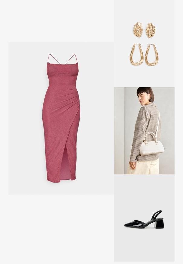Vestido midi rosa justo com finos alças spaghetti, feito de tecido brilhante, apresentando uma fenda lateral e detalhes franzidos na frente.; Sandy em verniz preto com salto slingback, ponta afilada e salto geométrico. Apresenta um design elegante e minimalista com textura suave.; Bolsa estruturada branca com alças curtas e uma alça de ombro, com detalhes em hardware dourado e material texturizado, exibida contra um fundo cinza.; Brincos em tom de ouro com formas onduladas e texturizadas. Inclui studs escultóricos com presilha e um design de argola aberta com um acabamento martelado.