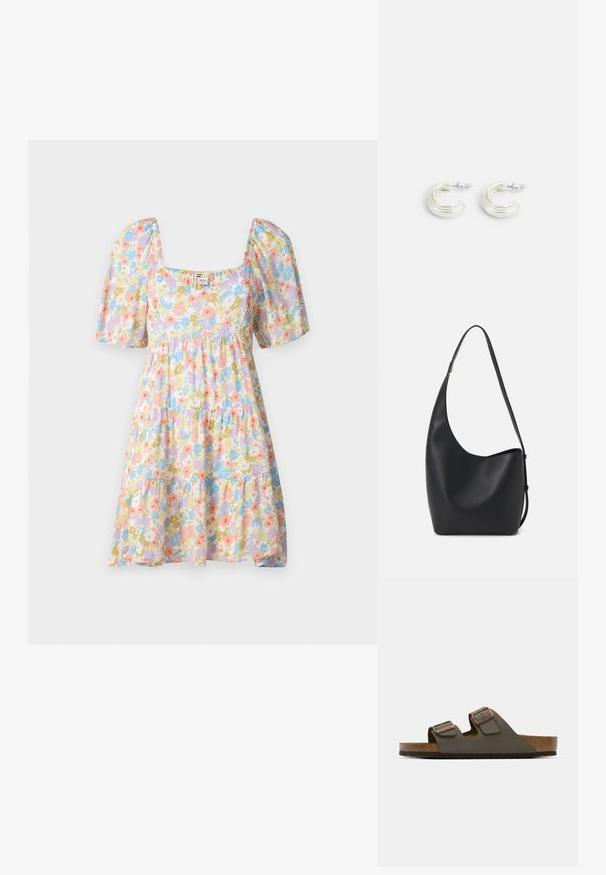 Floral dress with short puff sleeves, square neckline, and tiered ruffle design. Light fabric features pastel flowers in pink, blue, and green.; Dark green slip-on sandal with two adjustable straps and copper-colored hardware, featuring a cork footbed and textured rubber sole.; Black leather hobo bag with a smooth texture, curved shape, and single adjustable strap; features a wide opening at the top.; Silver-tone earrings in a twisted hoop design, featuring a textured surface and ribbed detailing, secured with a post clasp.