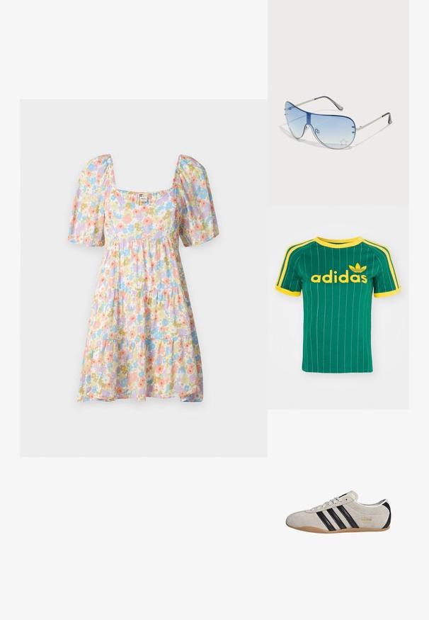 Floral dress with short puff sleeves, square neckline, and tiered ruffle design. Light fabric features pastel flowers in pink, blue, and green.; Green cotton T-shirt with vertical white stripes, yellow accents, and "adidas" logo in yellow font. Short sleeves and crew neck design.; Suede sneaker with a gray upper, black stripes, and a gum rubber sole. Features a lace-up closure and a gold logo detail on the side.; Aviator sunglasses featuring a gradient blue lens, silver metal frame, and decorative star accents on the lens. Smooth and sleek design.
