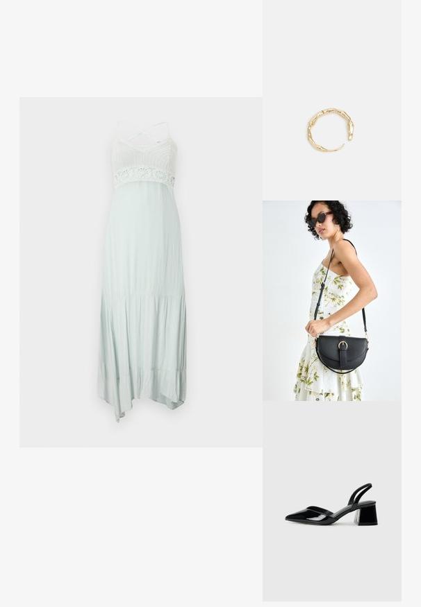 Gai minta zaļa maxi kleita ar adītu augšdaļu, mežģīņu akcentiem un regulējamiem krustveida plecu siksnām, ar plūstošu, slāņotu svārku.; Melna lakota āda ar atvērto papēdi, ar smailu purngalu un ģeometrisku blokpapēdi. Iezīmējas elegants, minimāls dizains un gluda tekstūra.; Melnas ādas rokassoma ar izliekta formu, noņemamu siksnu un zelta aksesuāriem. Somai ir vāciņš ar sprādzes detaļu.; Zelta toņa gredzens ar organisku, vērptu dizainu, gludu virsmu un sašaurinātiem galiem, radot mūsdienīgu, skulpturālu izskatu.