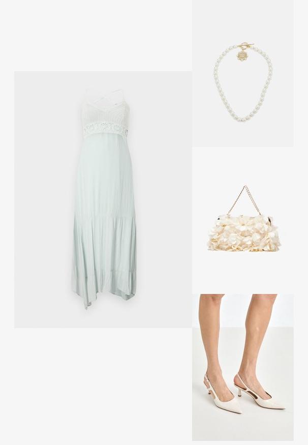 Jasno miętowa sukienka maxi z dzianinowym body, koronkowymi akcentami i regulowanymi krzyżowanymi ramiączkami, z lekko zwiewną, warstwową spódnicą.; Beżowe lakierowane szpilki z odkrytą piętą, zakończone spiczastym noskiem i 5 cm obcasem, z wyciętymi bokami oraz cienkim paskiem na kostce.; Biała torebka kwiatowa z marszczoną powierzchnią z tkaniny, złotą łańcuszkową rączką i metalowym zapięciem. Posiada teksturowane płatki jako dodatkowy detal.; Lauren Ralph Lauren - Naszyjnik