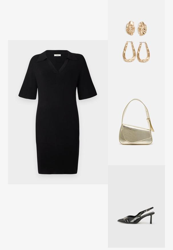 Vestido preto feito de tecido canelado com decote em V e mangas curtas. Apresenta um colarinho clássico e uma silhueta ajustada.; Sapato slingback preto em pele patentada com bico apontado, tiras no tornozelo apresentando fivelas e acessórios prateados, e um salto elegante.; Bolsa de mão metálica dourada com um design estruturado, textura suave e alça ajustável. Apresenta uma forma triangular única e costura minimalista.; Brincos em tom de ouro com formas onduladas e texturizadas. Inclui studs escultóricos com presilha e um design de argola aberta com um acabamento martelado.