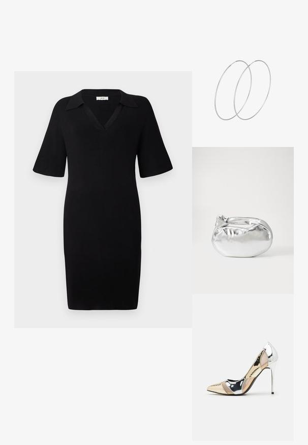 Juoda suknelė, pagaminta iš rešetinės medžiagos, su V formos iškirpte ir trumpomis rankovėmis. Su klasikinio tipo apykakle ir prigludusia siluetu.; Aštrus pirštas aukštakulnis batelis su sidabro, aukso ir nuogų spalvų deriniu. Blizgus paviršius su išpjovos dizainu, su stiletto kulnu.; Sidabrinė metalinė maišelio forma su švelnia, apvalia forma ir mazgu užveriamu viršumi. Pagaminta iš lygios dirbtinės odos medžiagos.; Sidabrinės pusmėnulio auskarai minimalistiniu dizainu. Apskritimo forma, lygus paviršius ir plonas profilis. Lengvi su poliruotu apdailu.