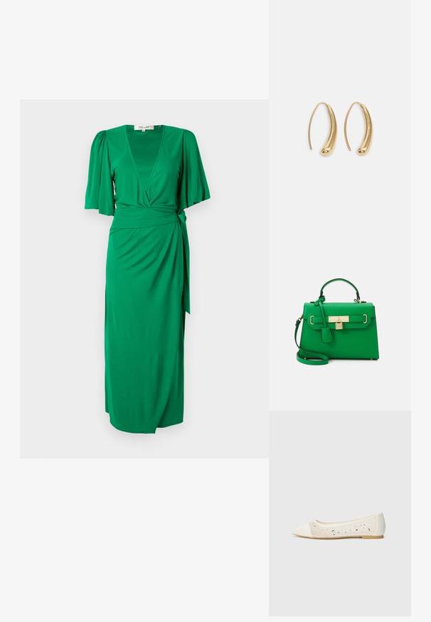 Žalia apvalkalų suknelė, pagaminta iš lygios, lengvos medžiagos. Pasižymi V formos iškirpte, trumpomis pūkuotomis rankovėmis ir surišta liemens juosta, kuri akcentuoja apibrėžtą siluetą.; Kreminės odos balerinos bateliai su skaidriu viršumi, dekoruoti išsibarsčiusiais kristalais. Minkštas padas užtikrina komfortą, minimalistinis dizainas.; Žalia odinė rankinė su struktūrizuotu dizainu, auksiniais aksesuarais, viršutine rankena ir nuimamu peties diržu. Pabrėžia užrakinimo akcentą ir tekstūruotą apdailą.; Auksinės metalinės auskarų kabės su lenktą, pailgą forma. Turi lygų, blizgantį paviršių ir užapvalintą galiuką papildomam akcentui.