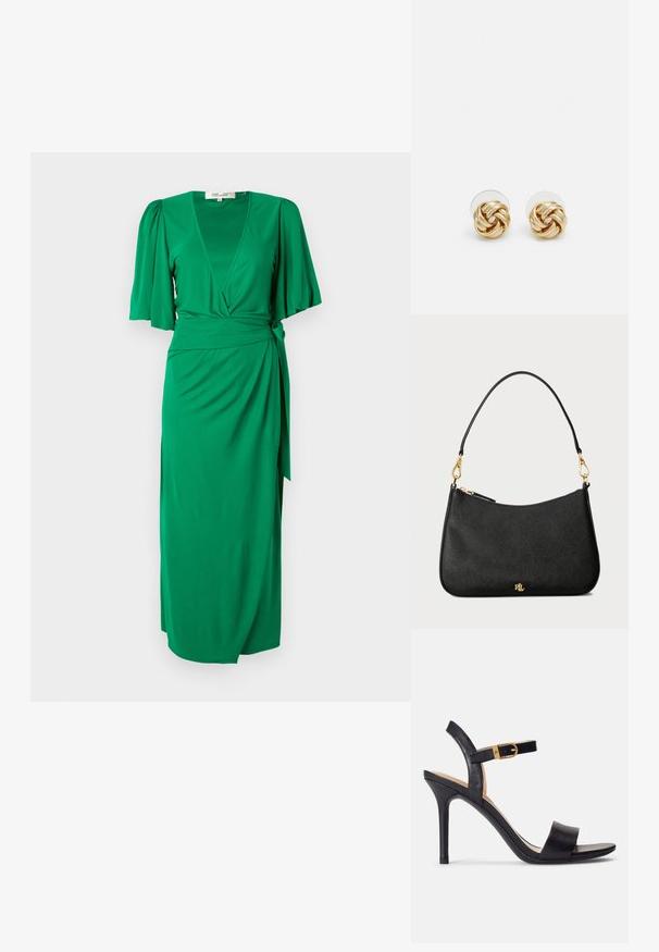 Vestido verde em tecido leve e liso. Apresenta decote em V, mangas curtas e bufantes, e um laço na cintura para uma silhueta definida.; Sandálias de salto alto pretas com um cabedal de couro suave, bico aberto e um design de tira única com um detalhe de fivela dourada.; Bolsa de mão em pele preta com um design estruturado, apresentando um fecho com zíper, uma alça destacável e detalhes em metal dourado.; Brincos de pressão em tom dourado com um design torcido. Cada brinco possui uma base circular transparente para um uso seguro.