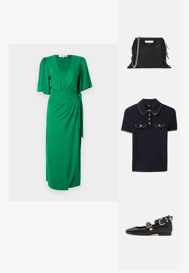 Zelena obleka z zavihkom, izdelana iz gladkega, lahkotnega materiala. Ima V-izrez, kratke napihnjene rokave in pas z zavezanjem, kar poudari obliko silhuete.; Mornarska polo majica z ribanim vzorcem, ki ima ostro ovratnik, kratke rokave in dve sprednji žepni z gumbom na pritisk; poudarjena z belimi šivnimi detajli.; Črne lakaste balerinke s kvadratnim prstom, trakovi okrog gležnja z zlatimi dodatki in ravnim podplatom. Gladka tekstura z minimalističnim dizajnom.; Črna usnjena ročna torba z detajli fringa, zlatim verigo za rame in izrezanim ročajem. Na sprednji strani je nameščen logotip.