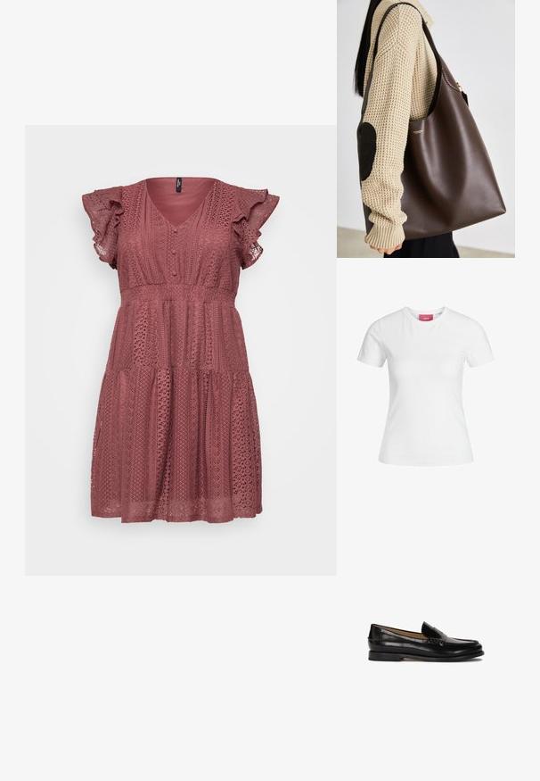 Rosenfarbenes Kleid mit V-Ausschnitt, kurzen Rüschärmeln, Knopfdetails und einem gestuften Rock mit einem spitzenähnlichen Muster.; Weißes Baumwoll-T-Shirt mit kurzen Ärmeln und einem runden Ausschnitt. Verfügt über ein pinkes Etikett am inneren Hals. Glatte Textur.; Schwarzer Lederloafer mit runder Zehenpartie, schlupfendem Design und dezenten Nahtdetails entlang des Oberteils. Flache Gummisohle.; Braune Leder-Umhängetasche mit geräumigem Design. Verfügt über eine glatte Textur und ein dezentes Goldenes Logo. Kombiniert mit einem cremefarbenen Strickpullover.