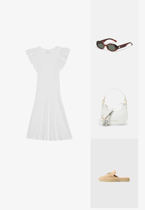 Balta kokvilnas kleita ar īsām drapētām piedurknēm, apaļu kakla izgriezumu un izplestu svārku. Gluda tekstūra un vienkāršs dizains.; Bežs zamšs slaidais apavi ar noapaļotu purngalu, dekoratīviem izšuvumiem un zeltaini metāla akcentiem. Plakanā zole un mīkstā iekšējā oderē.; Bruņurupuča čaulas saulesbrilles ar tumšiem lēcām, ovāla forma un plašām kājām. Izceļas ar mazu zelta akcentu sānos. Gluda plastmasas materiāls.; Balta soma ar izliekumu, teksturētu ādu, zelta aksesuāriem un atvienojamu siksnu ar logotipu un sprādzes detaļām.