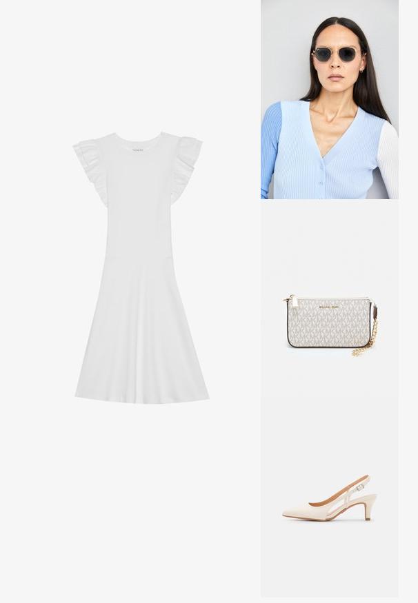 Balta medvilnės suknelė su trumpomis banguotomis rankovėmis, apvaliu kaklu ir išplatintu sijonu. Lygus audinys ir paprastas dizainas.; Balti slingback kulniukai su smailiu pirštu, lygia viršutine medžiaga, žemu blokuotu kulnu ir šoniniu išpjovimu su reguliuojamu sagtimi.; Apskriti saulės akiniai su tamsiais objektyvais ir auksiniais rėmeliais. Modelis vilki šviesiai mėlyną, raukinį kardiganą su mygtukais ir kontrastingomis baltomis rankovėmis.; Michael Kors rankinė smėlio spalvos dengto kanvoje su pakartotiniu MK logotipo raštu, auksinėmis detalėmis ir nuimamu grandininiu dirželiu.