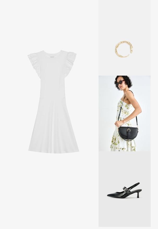 Weißes Baumwollkleid mit kurzen Rüschensäumen, rundem Ausschnitt und ausgestelltem Rock. Glatte Textur und schlichtes Design.; Schwarze Lackleder Slingback-Absätze mit spitzem Zeh und kleinem Blockabsatz, ausgestattet mit einem silbernen Schnallenakzent am Riemen.; Schwarze Lederhandtasche mit geschwungener Form, abnehmbarem Tragegurt und goldenen Beschlägen. Die Tasche verfügt über einen Deckel mit einer Schnallen-Details.; Goldfarbener Ring mit einem organischen, gedrehten Design, glatter Oberfläche und sich verjüngenden Enden, was ein modernes, skulpturales Erscheinungsbild erzeugt.