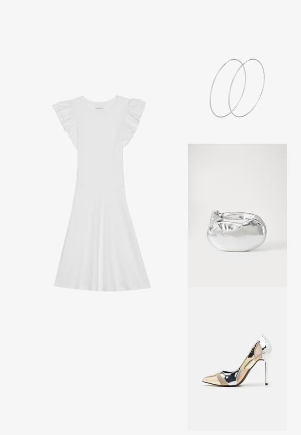 Bijela pamučna haljina s kratkim volanima, okruglim izrezom i raširenom suknjom. Glatka tekstura i jednostavan dizajn.; Cipele s visokom potpeticom i špicastim vrhom u srebrnoj, zlatnoj i nude boji. Sjajan finiš s izrezbarenim dizajnom, s potpeticom u obliku stiletto.; Srebrna metalik torbica s mekim, zaobljenim oblikom i čvorastim zatvaranjem na vrhu. Izrađena od glatke sintetičke kože.; Srebrne okrugle naušnice s minimalističkim dizajnom. Kružni oblik, glatka tekstura i tanak profil. Lagane s poliranim završetkom.