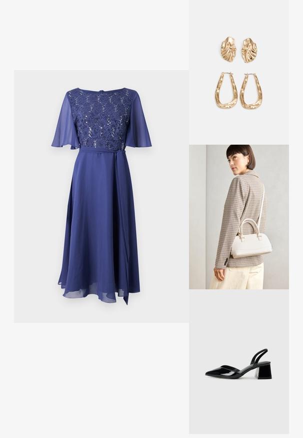 Swing Robe de soirée - future blue; Escarpins en cuir verni noir avec bout pointu et talon bloc géométrique. Présente un design élégant et minimaliste ainsi qu'une texture lisse.; Sac à main structuré blanc avec de courtes poignées et une bandoulière, doté de accents en métal doré et d'un matériau texturé, présenté sur un fond gris.; Boucles d'oreilles dorées présentant des formes texturées et ondulées. Comprend des clips sculpturaux et un design de créoles ouvertes avec une finition martelée.