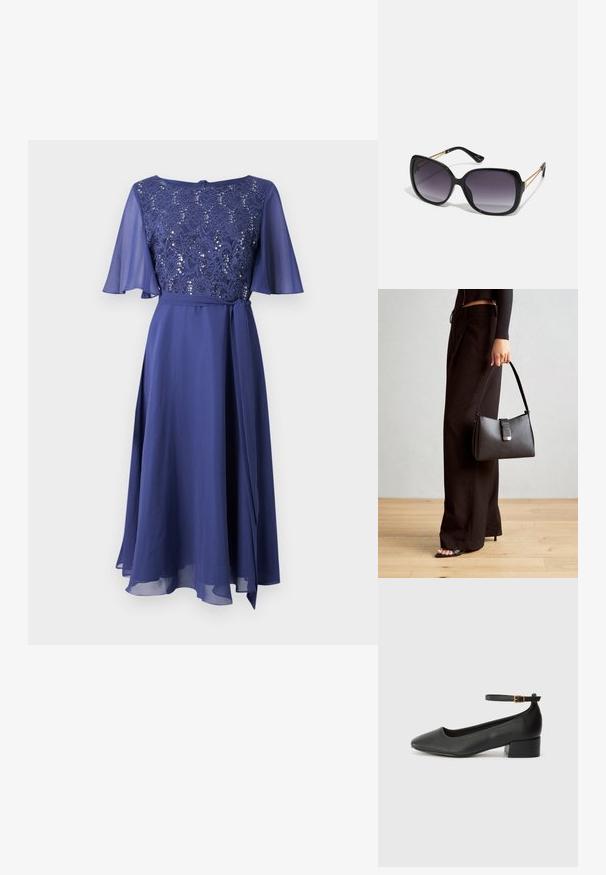 Swing Kokteiļkleita/ballīšu kleita - future blue; Melnas ādas sūkņi ar smailu purngalu un zemu bloku papēdi. Iezīmēts ar potītes siksniņu ar zelta krāsas sprādzi. Gluda tekstūra.; Melni pārmērīgi lieli saulesbrilles ar gradāciju lēcām, biezām rāmja malām un zeltainas krāsas ķēžu detaļām uz tempļiem.; Melnā somiņa ar strukturētu formu, gludu tekstūru un metālu sprādzi. Saskaņota ar platām melnām biksēm un sandālēm ar atvērtu purngalu uz koka grīdas.