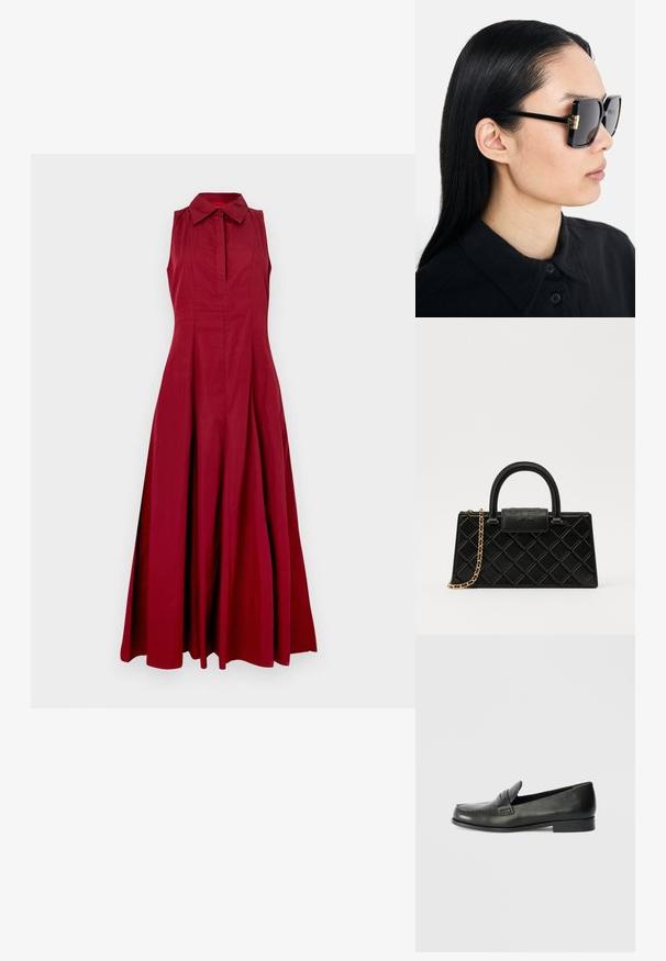 Rotes ärmelloses Kleid mit einem Kragen, Knopfleiste und einem ausgestellten Schnitt. Hergestellt aus glattem Stoff, mit einem mittellangen Design.; Schwarze Leder-Slipper mit abgerundeter Spitze, erhöhten Nähdetails und einem niedrigen, gestapelten Absatz. Glatte Textur mit einem dezenten Glanz.; Tory Burch Sonnenbrille - black/dark grey; Schwarze Handtasche aus strukturiertem Leder mit einem Diamantmuster, goldfarbener Kette, einem oberen Griff und einem Logo-Prägung Klappenverschluss.; Die goldenen Blumensteckerohrringe haben ein strukturiertes schwarzes Zentrum und zarte Verzierungen. Die klare Haut und die geflochtenen Haare des Modells sind profilseitig sichtbar.