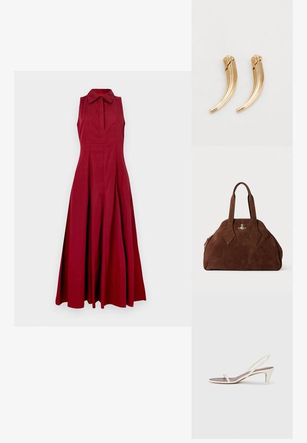 Czerwona sukienka bez rękawów z kołnierzykiem, z przyciskiem i rozkloszowanym krojem. Wykonana z gładkiego materiału, w średniej długości.; Białe sandały na koturnie z cienkimi paskami i gładką skórzaną fakturą; zawierają małą dekoracyjną klamrę.; Brązowa torebka z zamszu o usztywnionym kształcie, zaokrąglonym korpusie i wydłużonych uchwytach w kształcie diamentu. Charakteryzuje się srebrnym zamknięciem.; Złote metalowe spinki do włosów o zakrzywionym, żłobionym wzorze. Gładka tekstura z błyszczącym wykończeniem i zaokrąglonymi końcami. Pokazane są dwa elementy.