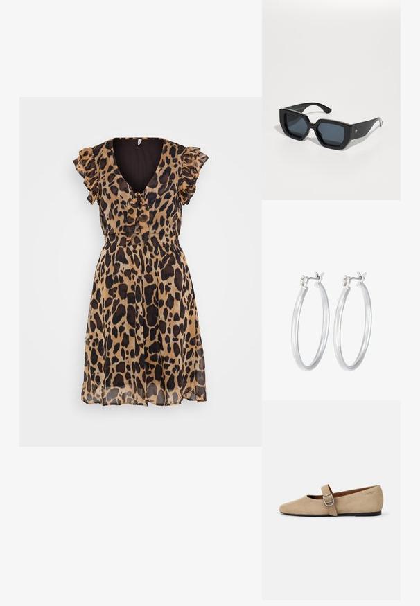 Leopardų rašto suknelė, turinti trumpas raukšlėtas rankoves, V formos iškirptę ir surištą liemenį, pagaminta iš lengvos, permatomos medžiagos.; Bežiniai zomšiniai Mary Jane balerinos su smailiu pirštu ir viena reguliuojama juosta su sidabriniu užsegimu. Juoda plokščia padas.; Juodos didelės saulės akinių su geometriniu raštu, stačiakampiais objektyvais ir blizgiu paviršiumi. Nėra matomo prekės ženklo priekyje.; Sidabriniai auskarai su sklandžiu, poliruotu paviršiumi. Apvalios formos ir saugus uždarymo mechanizmas. Lengvas dizainas, tinkantis kasdieniam dėvėjimui.