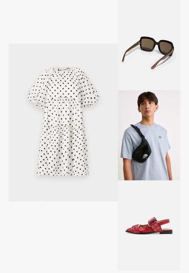 White dress with black polka dots, featuring a high neckline, puff sleeves, and a tiered skirt design. Lightweight, textured fabric.; Red patent slingback shoe with a pointed toe, decorative buckles, and perforated detailing. Flat sole, smooth texture.; Black oversized sunglasses with brown lenses. Features unique striped arms in green and red, and gold hardware accents. Square shape.; Black nylon crossbody bag with adjustable strap, featuring a prominent white logo. Worn over a light blue t-shirt. Simple, functional design.