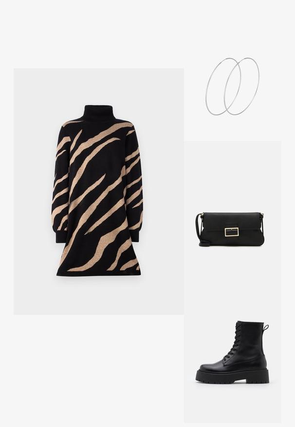 Turtleneck dress in black with tan tiger stripes, featuring long sleeves and a flared hem. Made from a soft, textured knit material.; Black leather ankle boots with a round toe, lace-up front, and a thick rubber sole featuring a textured tread. Pull tab at the back.; Black leather clutch bag with a flap and a gold metal buckle detail. Includes a black strap and a sleek, minimalist design.; Silver hoop earrings with a minimalist design. Circular shape, smooth texture, and thin profile. Lightweight with a polished finish.