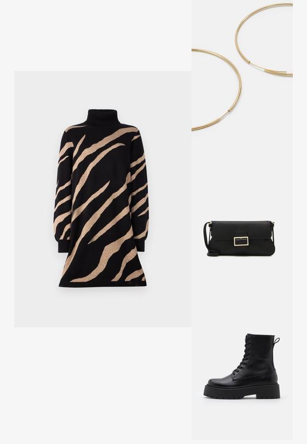 Robe col roulé noire avec des rayures de tigre beige, dotée de manches longues et d'un ourlet évasé. Fabriquée en maille douce et texturée.; Bottines en cuir noir avec un bout rond, un laçage à l'avant et une épaisse semelle en caoutchouc dotée d'un motif texturé. Tirer au dos.; Pochette en cuir noir avec un rabat et un détail en boucle en métal doré. Inclut une sangle noire et un design épuré et minimaliste.; Boucles d'oreilles en forme de créole dorées, fines et rondes, avec une finition métallique lisse et sans embellissements ni motifs.