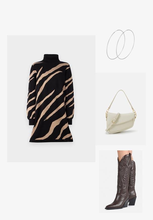 Vestido de cuello alto en negro con rayas de tigre en color marrón, con mangas largas y un dobladillo acampanado. Fabricado con un material de punto suave y texturizado.; Botas de vaquero de cuero marrón con punta afilada y tacón cuadrado, que presentan costuras detalladas y acentos elevados en el caño.; Pequeño bolso de mano crema con un acabado texturizado, una correa larga y ajustable, un acento de cadena y cierre de solapa. Detalles en hardware dorado.; Pendientes de aro plateados con un diseño minimalista. Forma circular, textura suave y perfil delgado. Livianos con un acabado pulido.