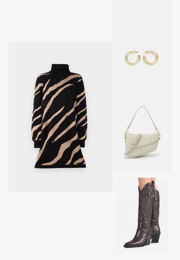 Črna obleka z rolko s peščeno tigrovo črto, dolgimi rokavi in razširjenim spodnjim delom. Izdelana iz mehkega pletenega materiala z teksturo.; Rjave usnjene kavbojske čevlje z ostrim nosom in blok peto, ki vsebujejo podrobno šivanje in dvignjene dodatke na zgornjem delu.; Mala kremna torbica z teksturiranim zaključkom, dolgim nastavljivim trakom, verižnim poudarkom in zapiranjem na poklop. Detajli iz zlatega kovinskega materiala.; Zlate uhane v obliki obročkov z gladko, sijočo površino. Krožna zasnova s majhnim nosilcem in prozornim podplatom za varno nošenje.