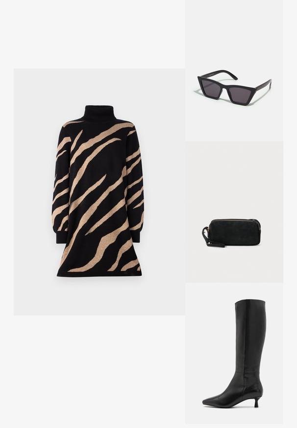 Musternäru pikkade varrukatega must kleit, millel on pruunid tiigri triibud ja laienev alläär. Valmistatud pehmest, tekstuurilisest kudumaterjalist.; Zign Saapad - black; Mustad mustrakellad, millel on hallid šabloonid; valmistatud plastist, paksude ja siledate kätega, ilma nähtava riistvarata.; Mustan sametist käsipakiga kotike, millel on tõmblukuga sulgemine ja eemaldatav randme rihm. Omab kuldse tooni riistu ja sileda, mati tekstuuri.