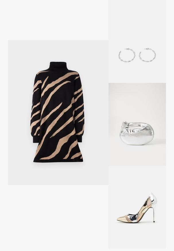 Sortøy dress med svarte og brune tigermønster, med lange ermer og en utsvingt kant. Laget av et mykt, teksturert strikkemateriale.; Spiss-tå høyhælte sko med en fargekomposisjon av sølv, gull og nude. Glanset overflate med utskjæringsdesign, med en stiletto hæl.; Sølvfarget metallisk poseveske med en myk, avrundet form og en knyttet topplukking. Laget av glatt imitert skinn.; Sølv hoops øredobber med en tvistet design, som har en polert finish og bakstøtte. Mål omtrent 3 cm i diameter.