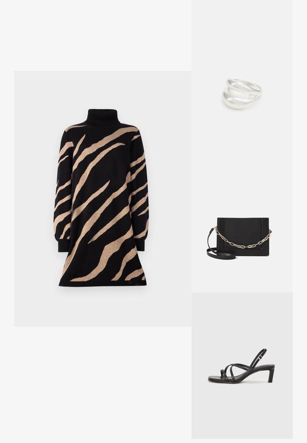 Turtleneck kjole i sort med brune tigerstriber, med lange ærmer og en flagrende kant. Lavet af et blødt, tekstureret strikmateriale.; Sort remsandale med firkantet tå og en lav blokeret hæl. Har flere tynde stropper og en justerbar ankelrem. Fremstillet af glat læder.; Sort læder crossbody taske med en glat tekstur, rektangulær form og en metallisk kæde detalje foran. Justerbar skulderrem inkluderet.; Sølvring med dobbeltbånd og en glat, poleret overflade. Den har et flydende, buet design med overlappende sektioner for et moderne udtryk.