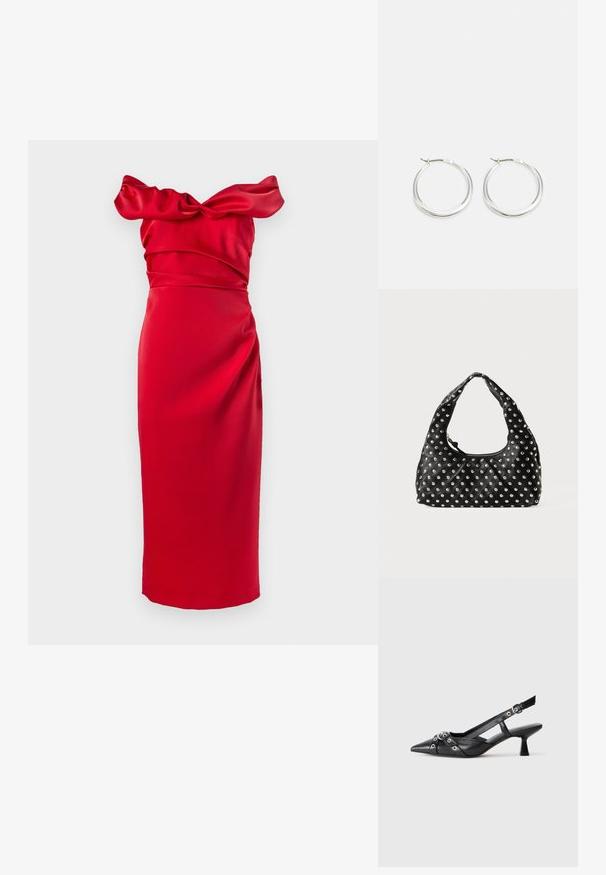 Red satin dress featuring off-shoulder design, gathered bodice with bow detail, fitted waist, and straight skirt for a streamlined silhouette.; Black leather slingback shoe with a pointed toe, decorative straps featuring metal eyelets, and a low block heel. Textured surface.; Black leather handbag with a curved handle, featuring a pattern of metallic studs evenly distributed across the surface. Zipper closure.; Silver hoop earrings feature a smooth, rounded design with a thin profile and secure clasp. Minimalistic style with a polished finish.