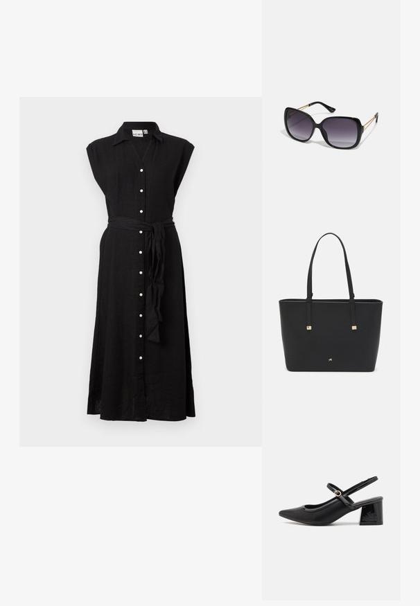 Mustmust kootud kleit lühikeste varrukatega, nupuvajutusega esiküljel ja vööga taljes. Omab kraed ja pikka, voolavat disaini.; Mustad läikivad nahast slingback-kõrged kontsad, millel on terav nina, ümar lõikekujundus ja blokknina. Omab kuldset nupu aktsenti.; Mustad ümarad päikeseglaasid, millel on gradient objektiivid, paksud raamid ja kuldse tooni kettaga kaunistused tempelitel.; Must musträkk, mis on valmistatud sünteetilisest materjalist, lihtsa ristkülikukujulise disainiga, kuldsete ruudukujuliste rõhutustega ja kahe käepidemega.