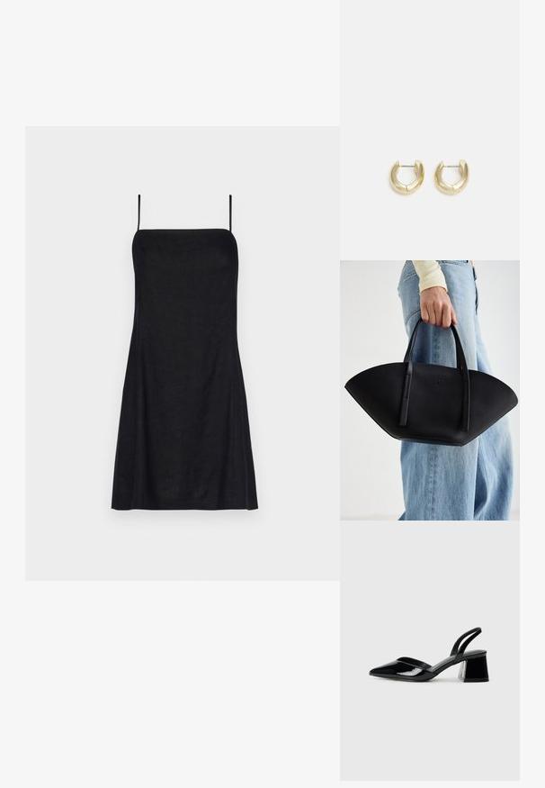 Juoda lininė suknelė su tiesiu kirpimu, plonomis reguliuojamomis petnešėlėmis ir lengvu audiniu. Dizainas yra minimalistiškas ir be rankovių.; Juodos lakuotos odinės šlepetės su smailiu pirštu ir geometriniu bloko kulnu. Turi elegantišką, minimalistinį dizainą ir lygų paviršių.; Juodas odinis rankinis uždangalas unikaliu ventiliatoriaus formos dizainu, turintis plokščias rankenas. Paviršius turi akmeninė tekstūrą ir minimalistišką dizainą.; Auksinės tonacijos auskarai-žiedai su lygiu, poliruotu paviršiumi. Yra pusmėnulio forma ir patikimas užsegimas.