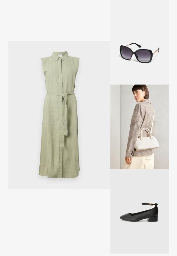 Bežėmė, mygtukais segama suknelė iš šviesiai žalios lino su apykakle ir diržu liemeniui. Turi tiesią siluetą ir šonines skyles.; Juodas odinis aukštakulnis batelis su smailiu pirštu ir žemu bloku. Su kulkšnies dirželiu su auksinės spalvos sagtimi. Lygus paviršius.; Juodos didelės saulės akinių su pereinamais objektyvais, storomis rėmeliais ir auksinės spalvos grandinėmis ant šventyklų.; Balta struktūruota rankinė su trumpomis rankenomis ir peties diržu, su auksinėmis detalėmis ir tekstūruota medžiaga, pastatyta prieš pilką foną.
