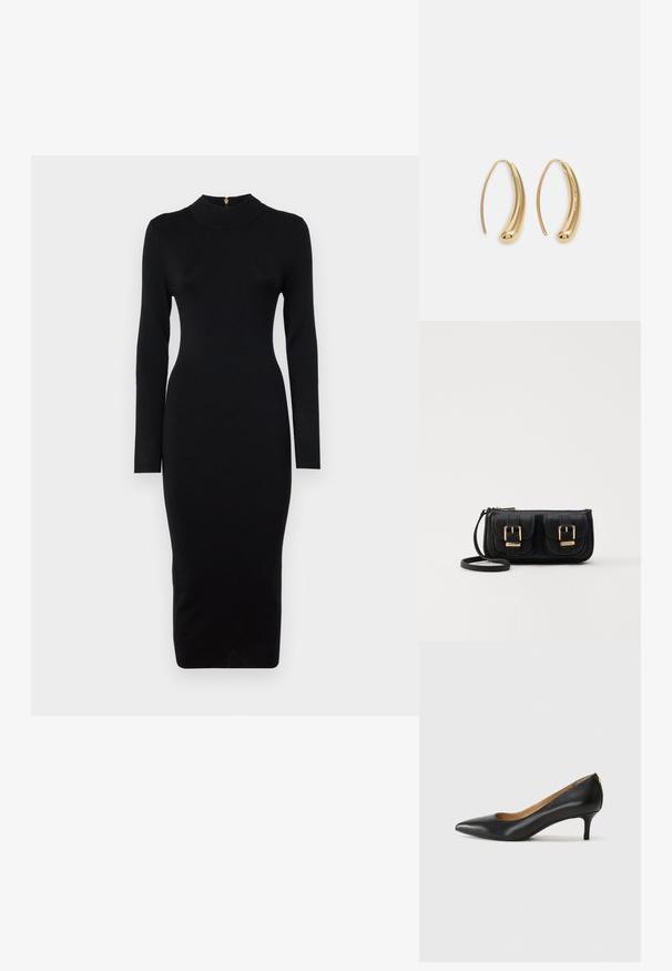 Abito nero aderente con maniche lunghe, scollo alto, texture a coste e silouette di lunghezza media. Dotato di zip sul retro con finiture dorate.; Décolleté in pelle nera con punta affilata, tacco basso e texture liscia. Presenta un leggero apertura sulla parte anteriore e hardware minimale sul retro.; Borsa a tracolla nera in pelle con due tasche frontali, fibbie dorate, chiusura con zip e una tracolla sottile. Superficie texturizzata e forma rettangolare compatta.; Orecchini a cerchio in metallo color oro con forma curva ed allungata. Presentano una superficie liscia e lucida e una punta arrotondata per un tocco di dettaglio in più.